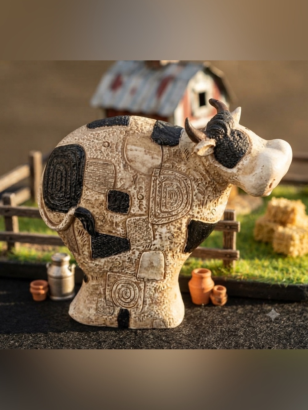 Whimsical Black and Cream Cow Art Sculpture